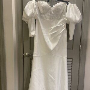 White Wedding Bridal sweetheart puff sleeve fit flare maxi dress Size12